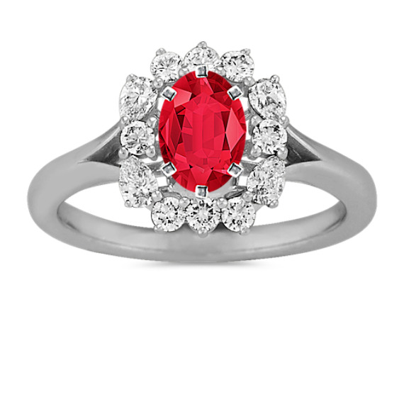 Lotus Diamond Halo Engagement Ring with Oval Ruby