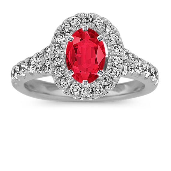 Diamond Halo Engagement Ring in 14k White Gold with Oval Ruby