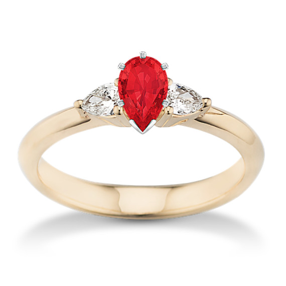 Three-Stone Pear Shaped Diamond Engagement Ring in 14k Yellow Gold with Pear Ruby