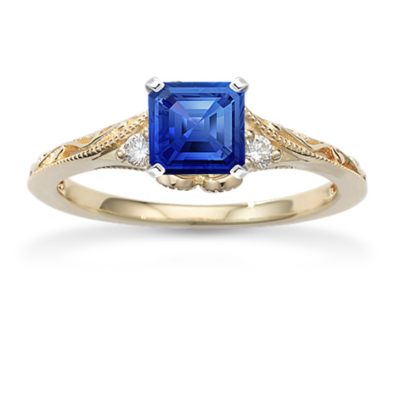 Vale Diamond Engagement Ring in Yellow Gold with Asscher Traditional Blue Sapphire