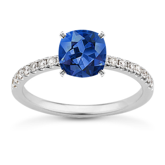 Pave-Set Diamond Engagement Ring with Square Cushion Cut Traditional Blue Sapphire