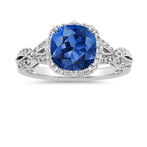 Coronet Diamond Halo Engagement Ring with Square Cushion Cut Traditional Blue Sapphire