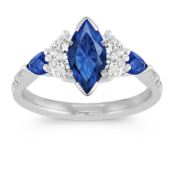 Pear-Shaped Sapphire and Pear-Shaped and Round Diamond Engagement Ring with Marquise Traditional...