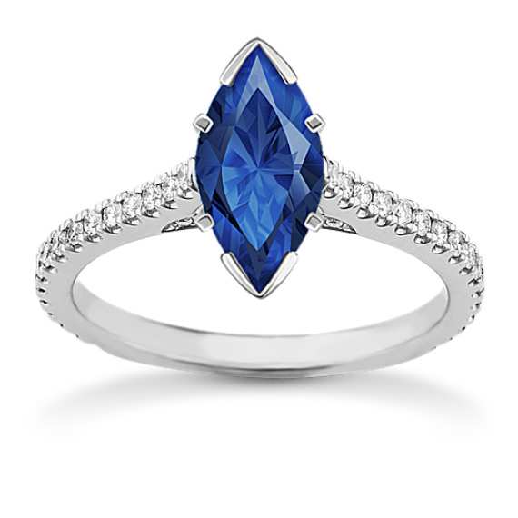 Pave-Set Round Diamond Engagement Ring in 14k White Gold with Marquise Traditional Blue Sapphire