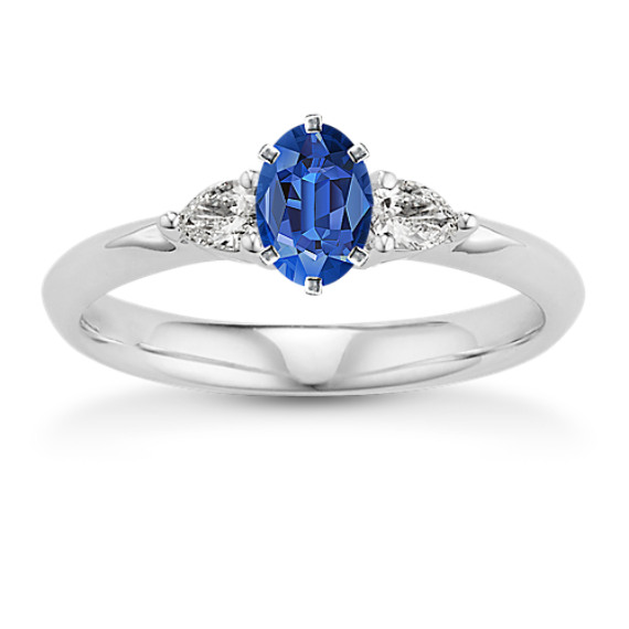 Three-Stone Diamond Engagement Ring with Oval Traditional Blue Sapphire