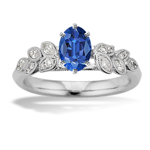 Diamond Vintage Leaf Engagement Ring with Oval Traditional Blue Sapphire