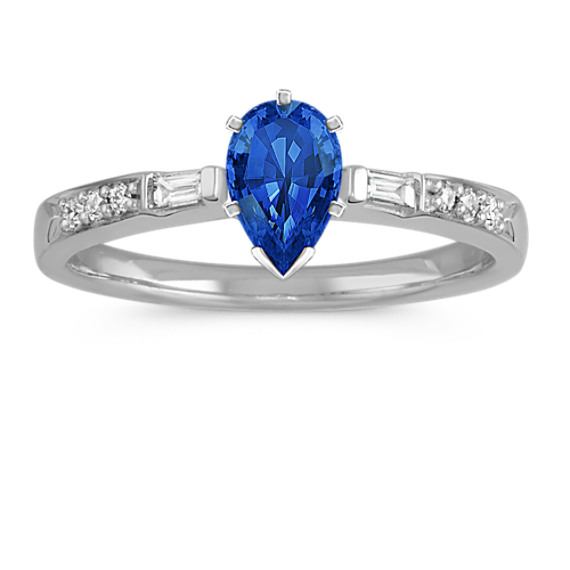 Elodie Baguette and Round Diamond Engagement Ring with Pear Traditional Blue Sapphire