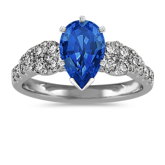 Diamond Cathedral Engagement Ring in 14k White Gold with Pear Traditional Blue Sapphire