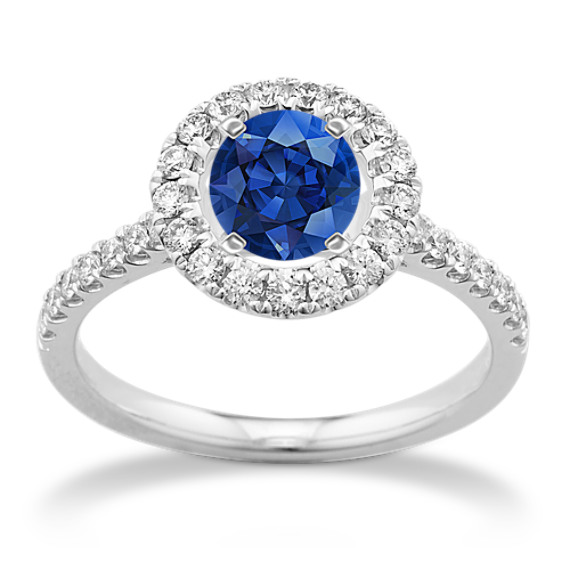 Round Diamond Halo Engagement Ring in 14k White Gold with Round Traditional Blue Sapphire