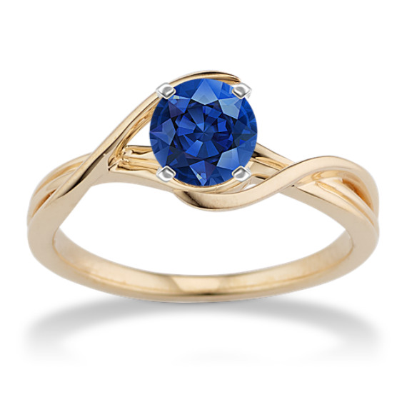 14k Yellow Gold Swirl Engagement Ring with Round Traditional Blue Sapphire