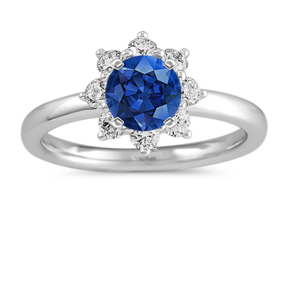 Snowflake Diamond Halo Engagement Ring with Round Traditional Blue Sapphire