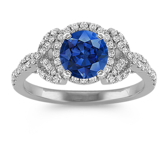 Halo Round Diamond Ring with Round Traditional Blue Sapphire