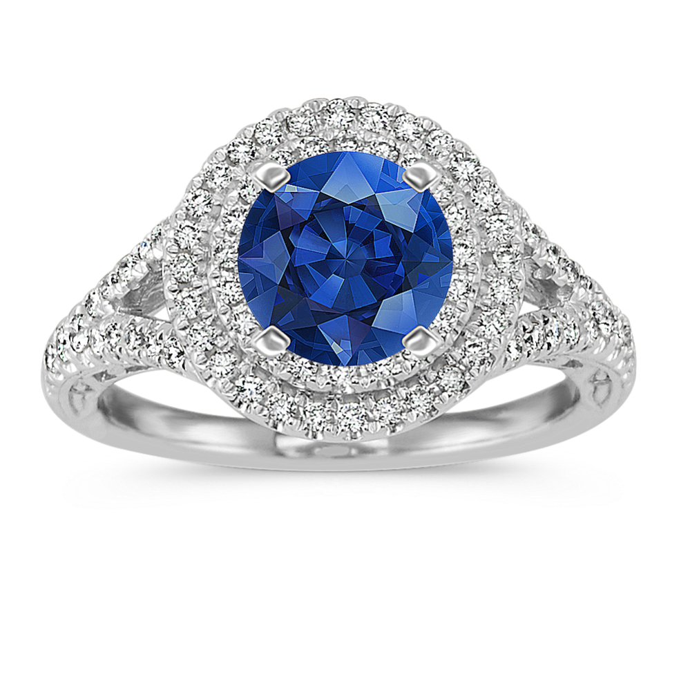 Double Halo Vintage Split Shank Engagement Ring in 14k White Gold