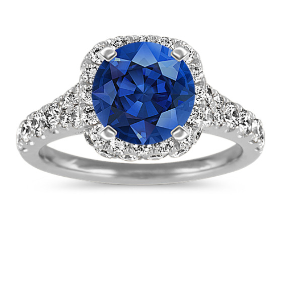 Diamond Halo Engagement Ring in 14k White Gold with Round Traditional Blue Sapphire