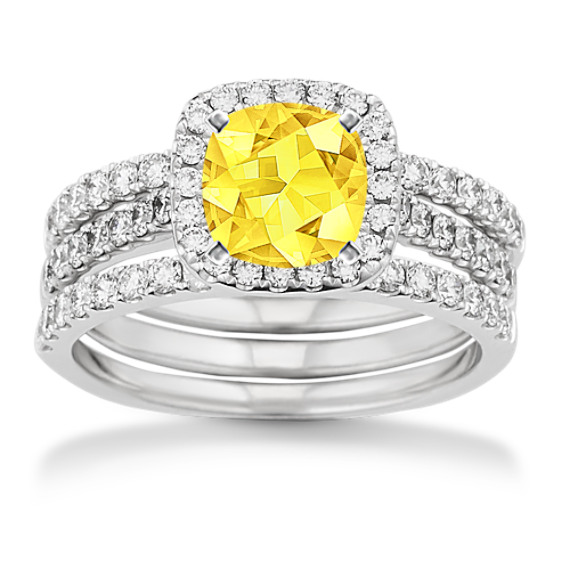Round Diamond Halo Wedding Set in 14k White Gold with Square Cushion Cut Yellow Sapphire