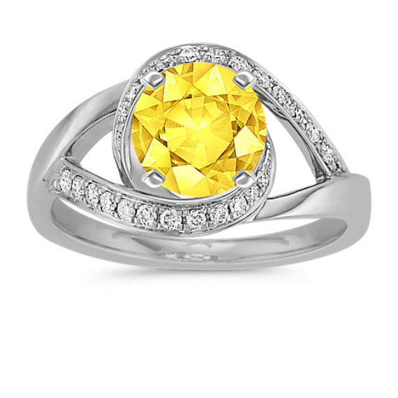 Under and Over Swirl Diamond Ring in 14k White Gold with Round Yellow Sapphire