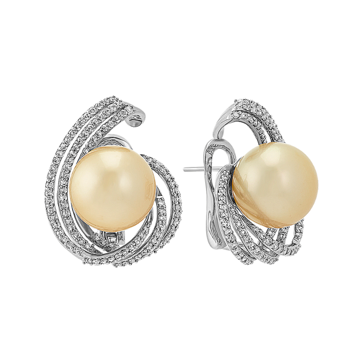 14mm Cultured Golden South Sea Pearl and Round Natural Diamond Earrings