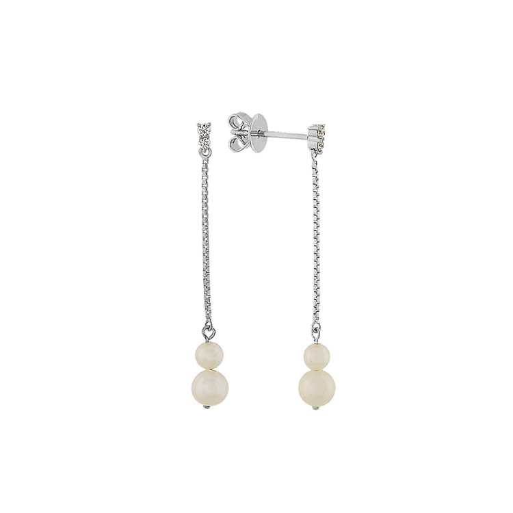 4mm Freshwater Pearl and Natural Diamond Dangle Earrings