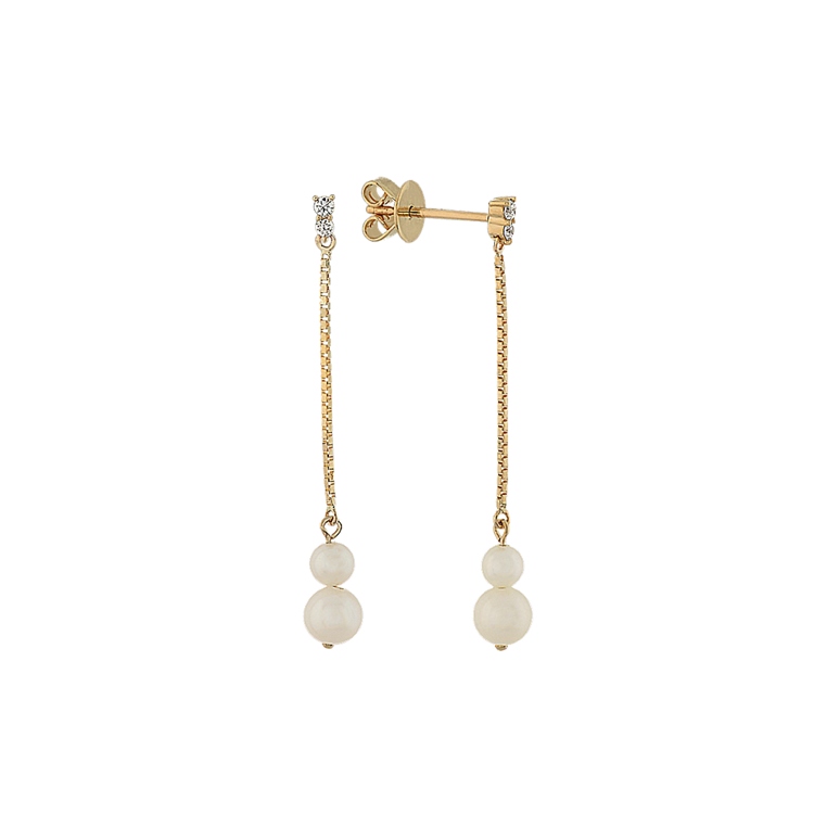 4mm Freshwater Pearl and Natural Diamond Dangle Earrings