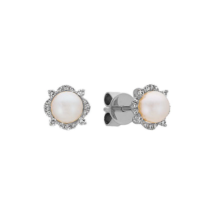 5mm Cultured Akoya Pearl and Natural Diamond Earrings in 14k White Gold