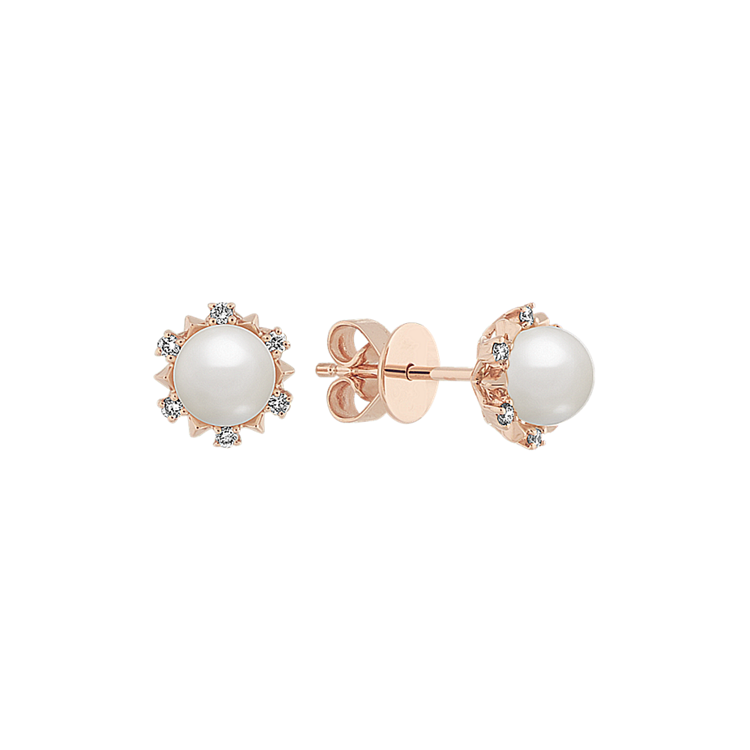5mm Pearl and Natural Diamond Earrings in 14k Rose Gold