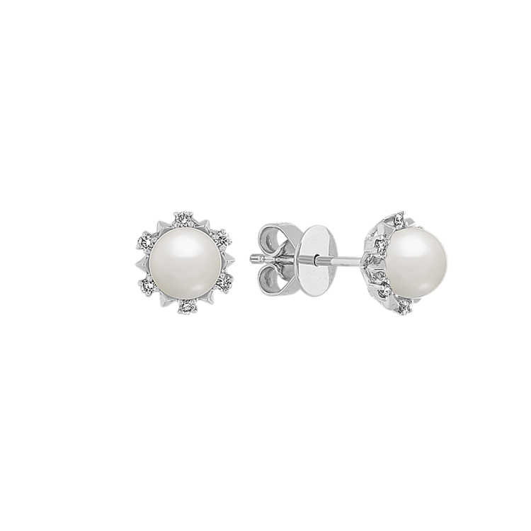 5mm Pearl and Natural Diamond Earrings in 14k White Gold