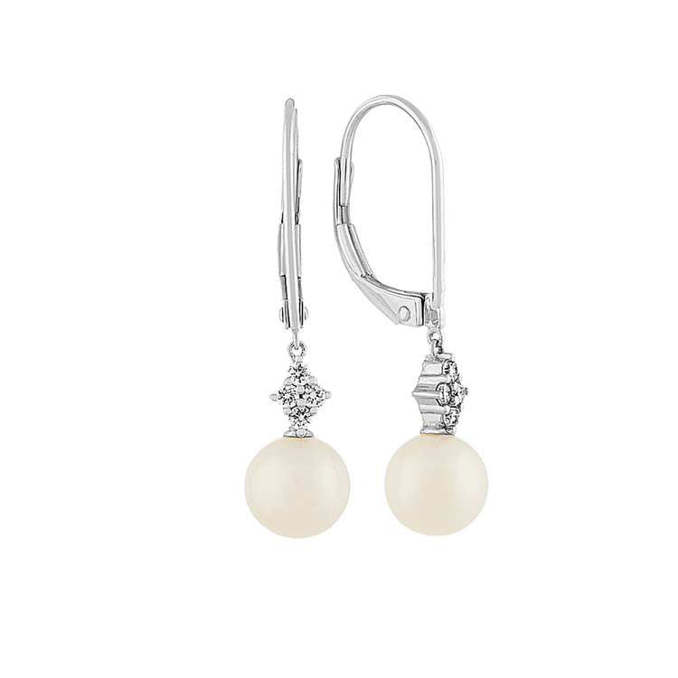 6mm Freshwater Pearl and Natural Diamond Dangle Earrings