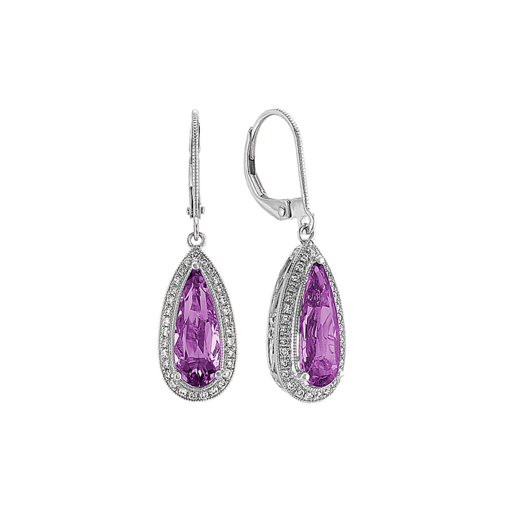 Natural Amethyst and Natural Diamond Dangle Earrings in 14k White Gold