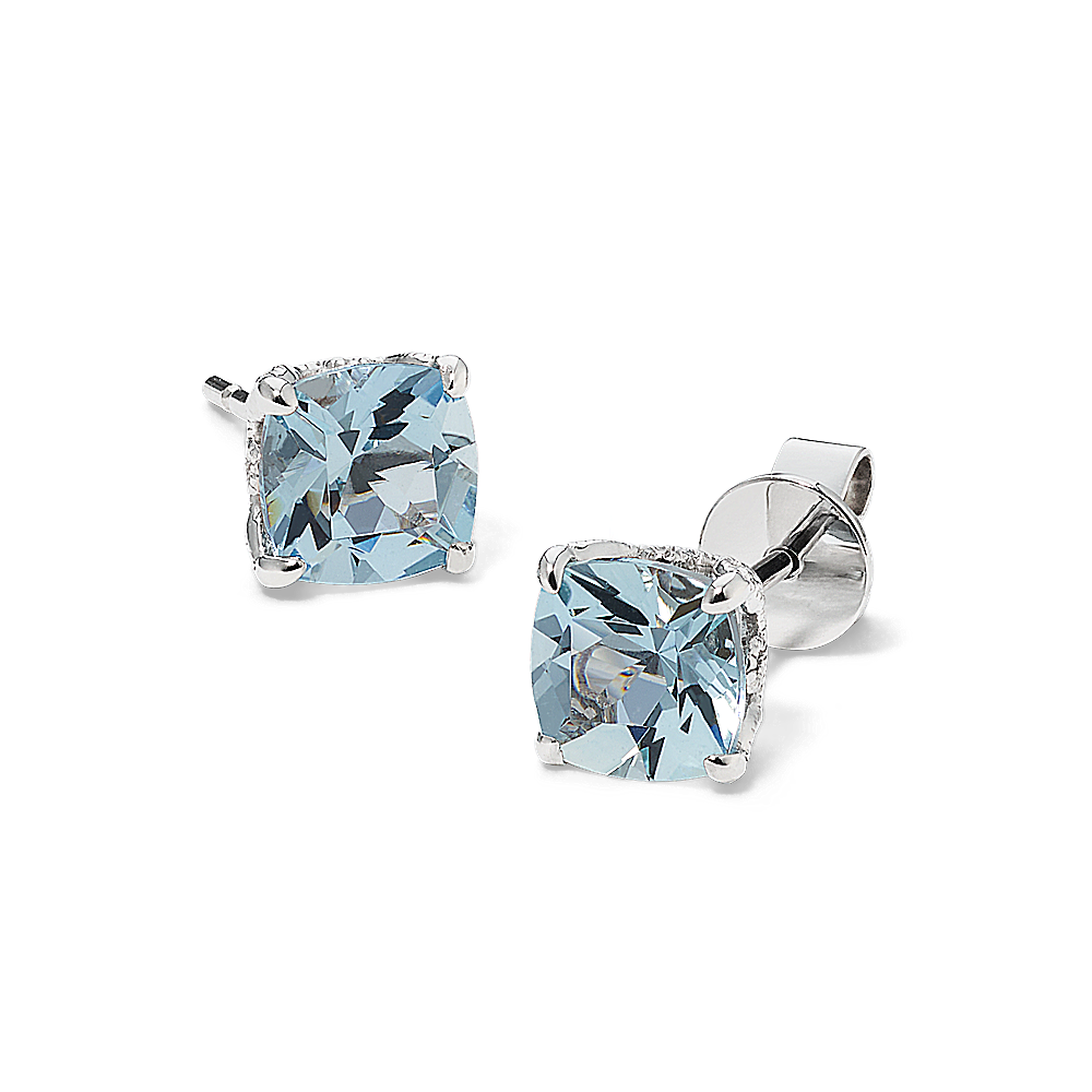 Aquamarine and Diamond Earrings in 14k White Gold