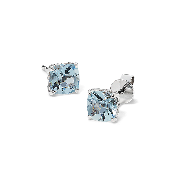 Natural Aquamarine and Natural Diamond Earrings in 14k White Gold