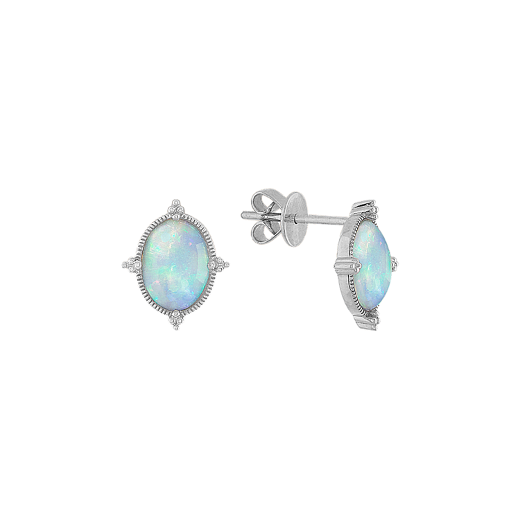 Beatrice Natural Opal Earrings with Bead Accent in 14K White Gold