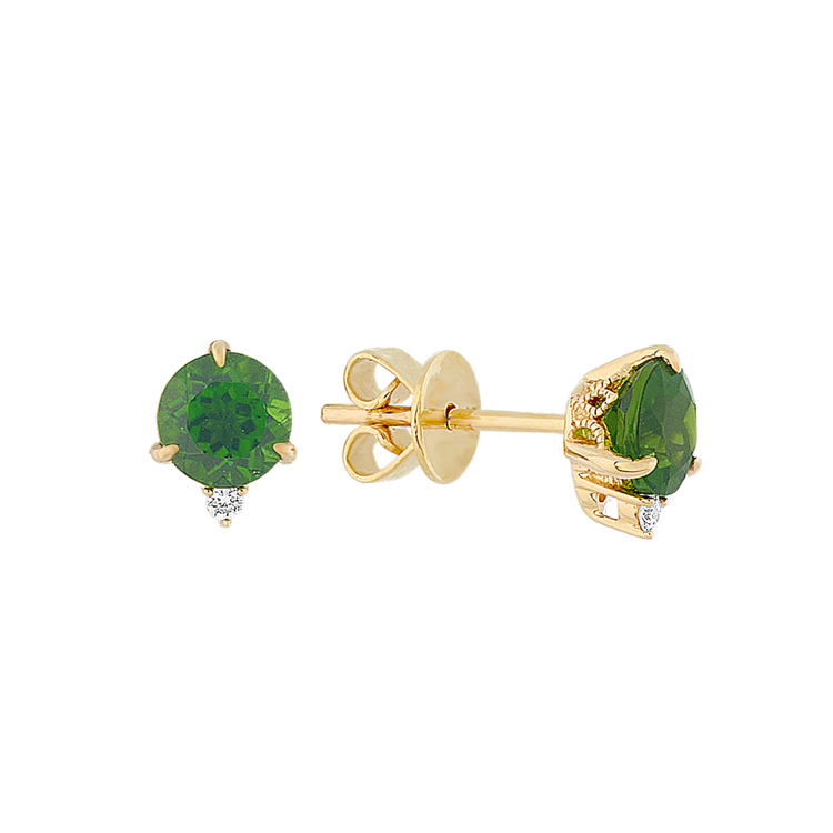 Natural Chrome Diopside and Natural Diamond Earrings in 14k Yellow Gold