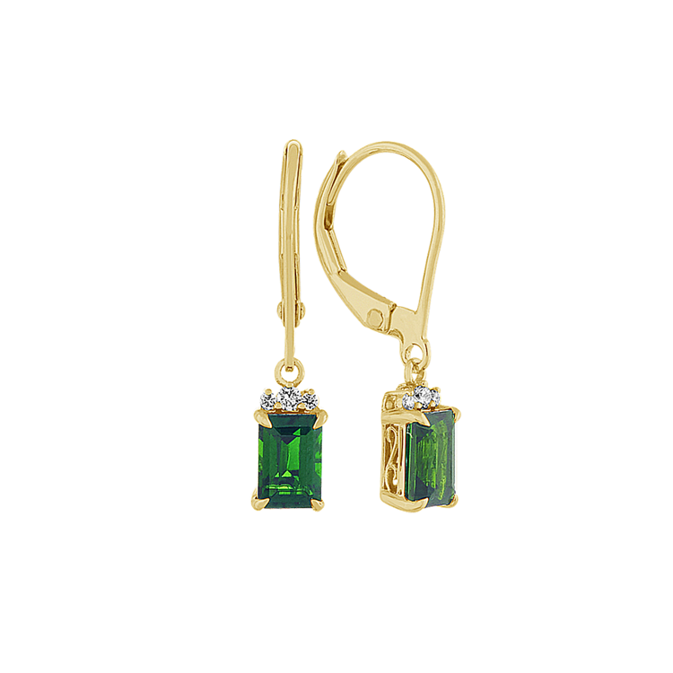 Emerald Cut Natural Chrome Diopside and Natural Diamond Dangle Earrings