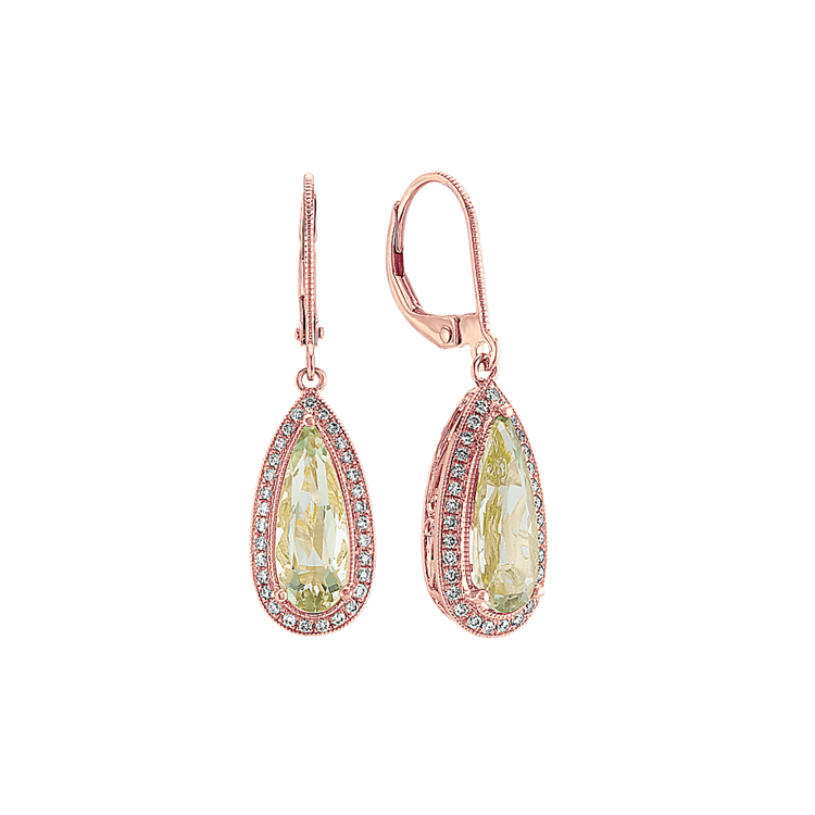 Green Natural Quartz and Natural Diamond Dangle Earrings in 14k Rose Gold