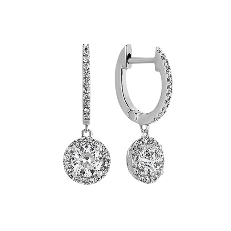 Halo Natural Diamond Drop Earrings in 14k White Gold