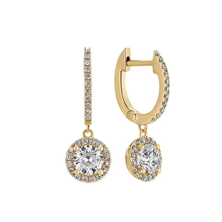 Halo Natural Diamond Drop Earrings in 14k Yellow Gold