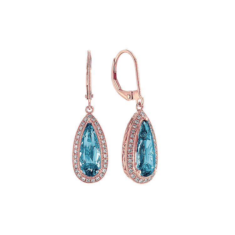 Natural London Blue Topaz and Natural Diamond Dangle Earrings in 14k Rose Gold