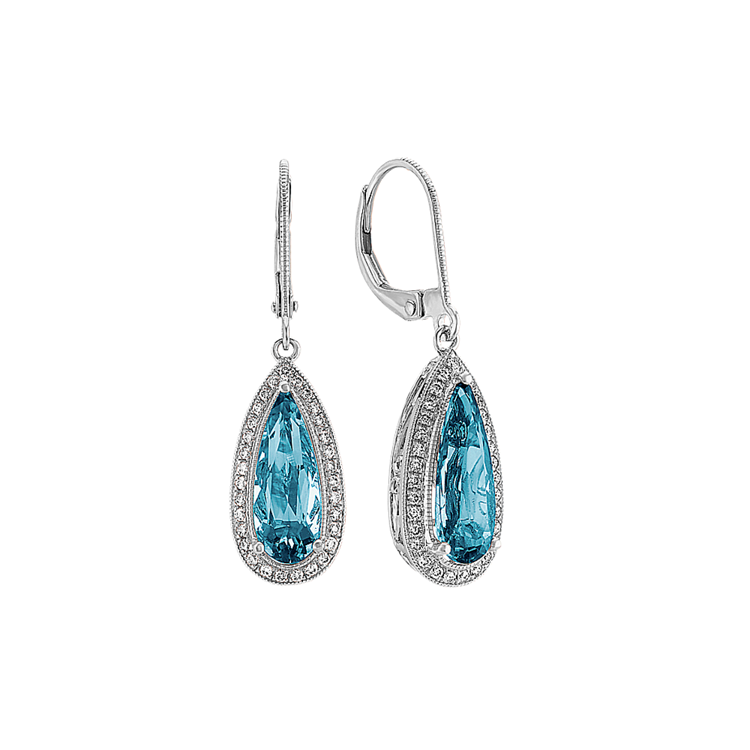 Natural London Blue Topaz and Natural Diamond Dangle Earrings in 14k White Gold