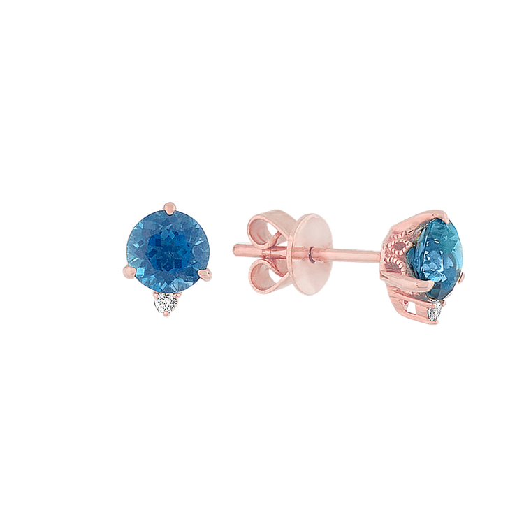Natural London Blue Topaz and Natural Diamond Earrings in 14k Rose Gold