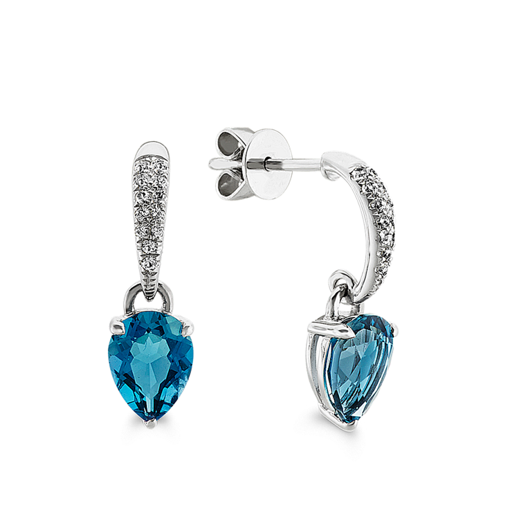 Natural London Blue Topaz and White Natural Sapphire Dangle Earrings