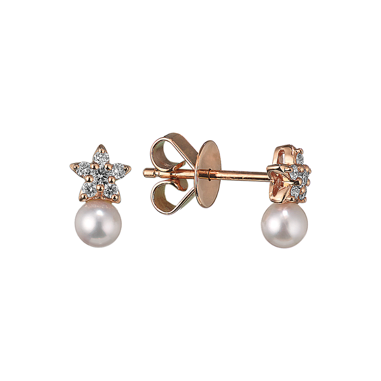 Meringue 3.5mm Cultured Akoya Pearl and Natural Diamond Earrings in 14K Rose Gold