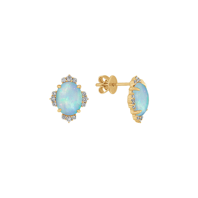 Natural Opal and Natural Diamond Earrings in 14K Yellow Gold