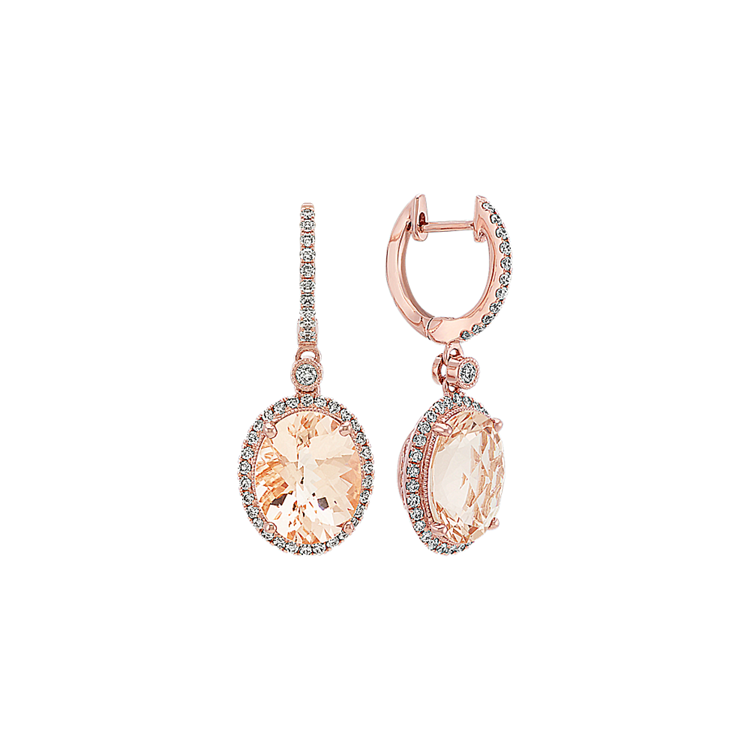 Oval Morganite and Round Diamond Leverback Earrings in Rose Gold