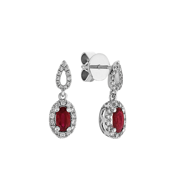 Oval Natural Ruby and Round Natural Diamond Dangle Earrings