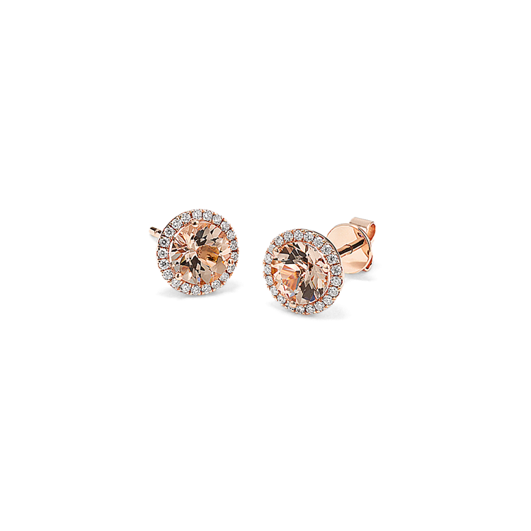 Peach Natural Morganite and Natural Diamond Earrings in 14K Rose Gold