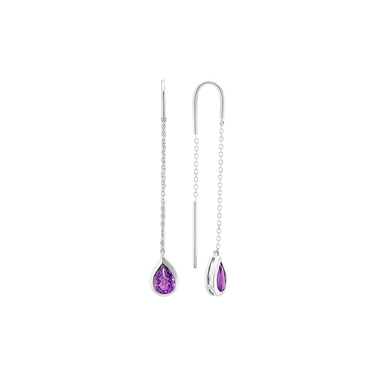 Pear-Shaped Natural Amethyst Threader Earrings in Sterling Silver