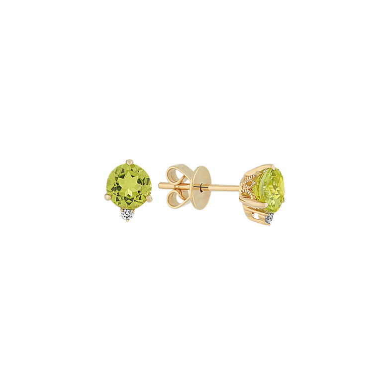 Natural Peridot and Natural Diamond Earrings in 14k Yellow Gold