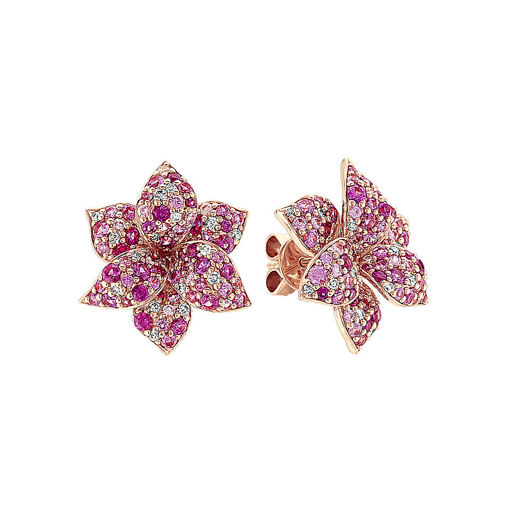 Pink Sapphire and Diamond Flower Earrings