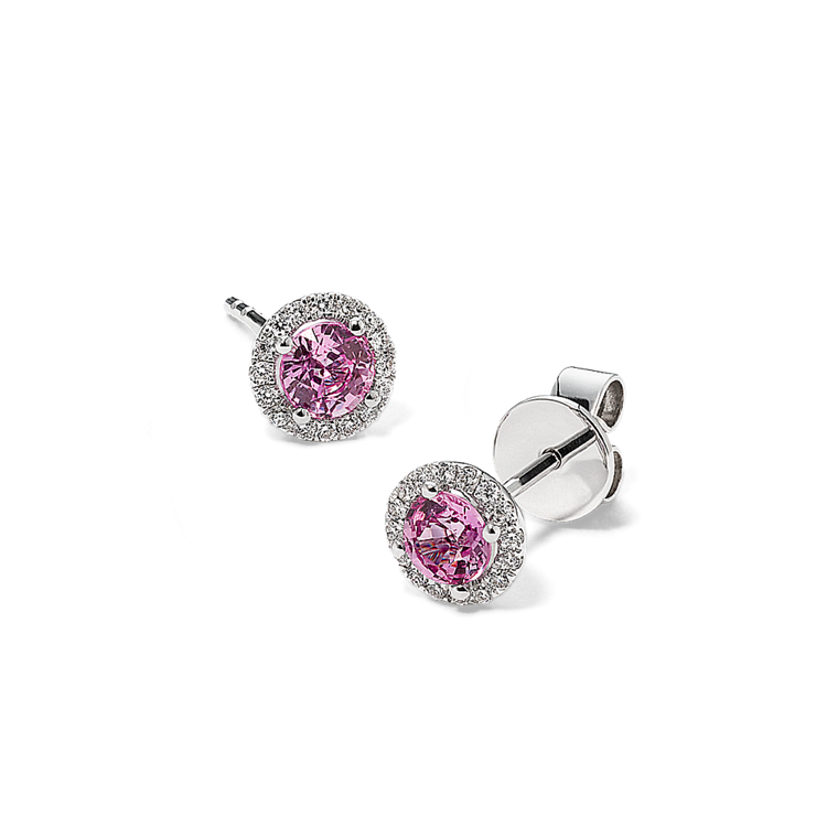 Pink Natural Sapphire and Natural Diamond Halo Earrings