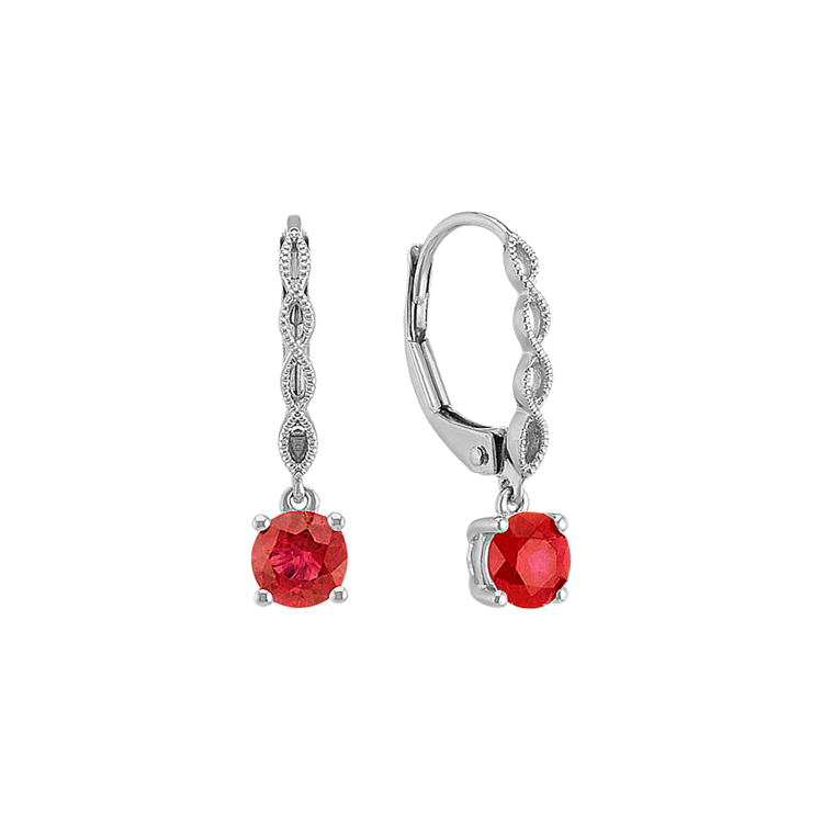 Round Natural Ruby Leverback Earrings with Milgrain Detailing